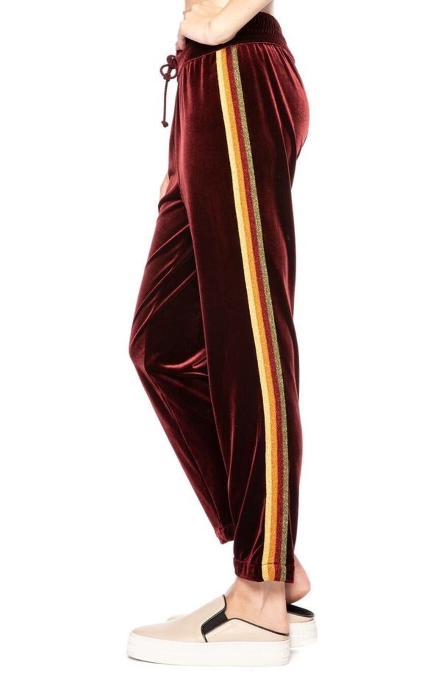 MOTHER The Lounger Ankle Velvet Track Pants Burgundy Rainbow Stripe Size Small